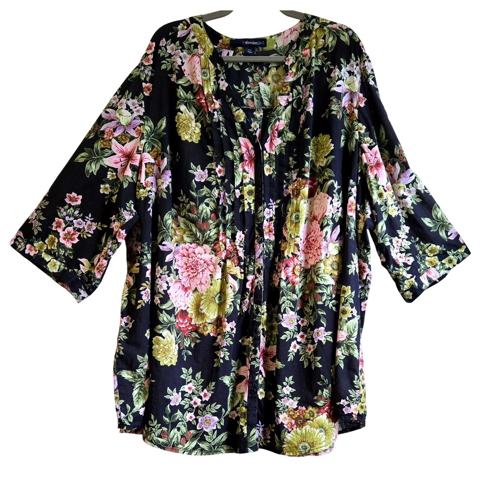 Denim 24/7 Cottagecore Floral Pin Tuck Button Front‎ Tunic 32W 100% Cotton